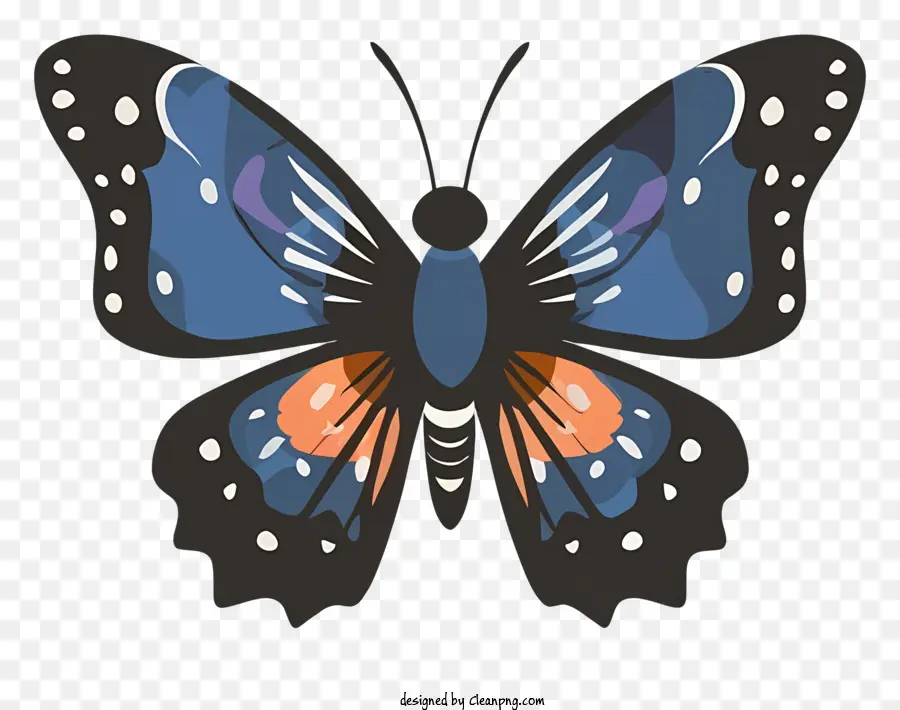 Cartoon Blue Butterfly Butterfly mit Flecken Schmetterling mit schwarzen Flecken dünnmundem Schmetterling - Blauer Schmetterling mit schwarzen, orangefarbenen und weißen Flecken