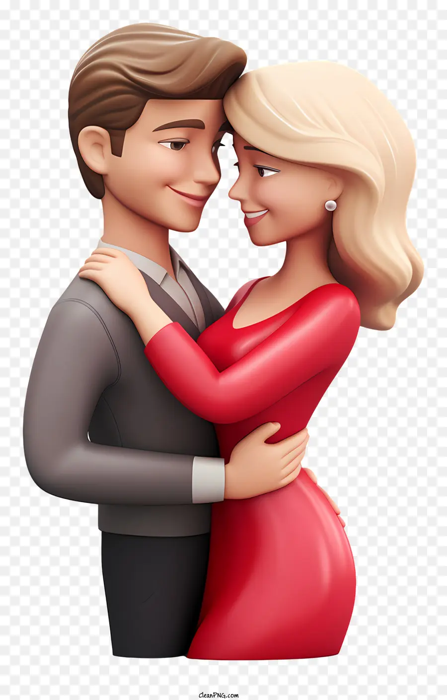 Ngày Valentine - Cặp đôi mặc trang phục màu đỏ mỉm cười và ôm lấy