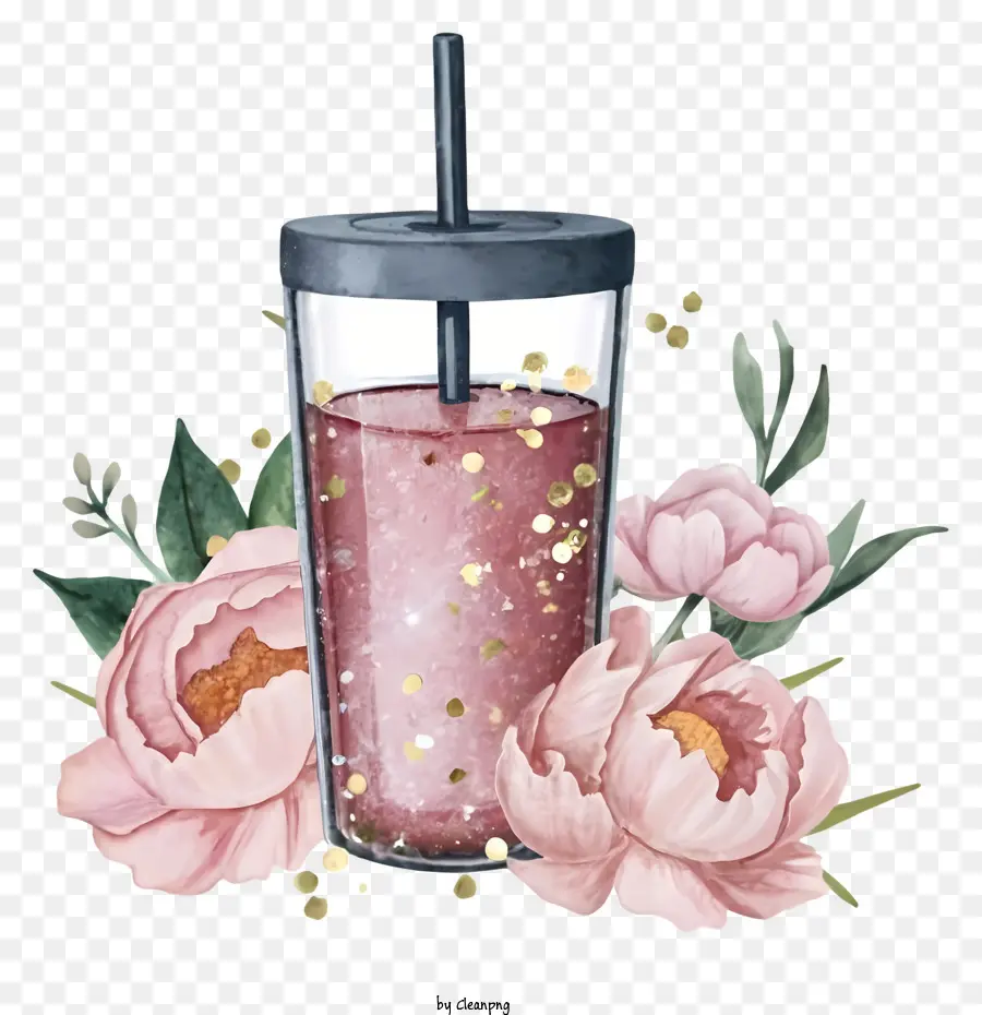 Cartoon rosa bevanda oro scintillio texture schiuzzate peonie rosa - Bevanda rosa con consistenza schiumosa circondata da peonie