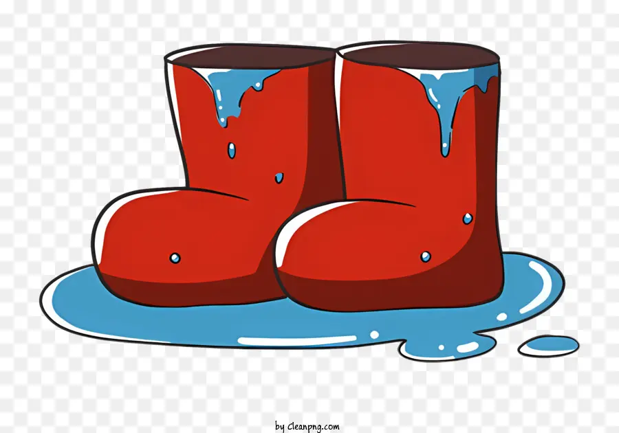 cartoon red rubber boot blue liquid black background white laces