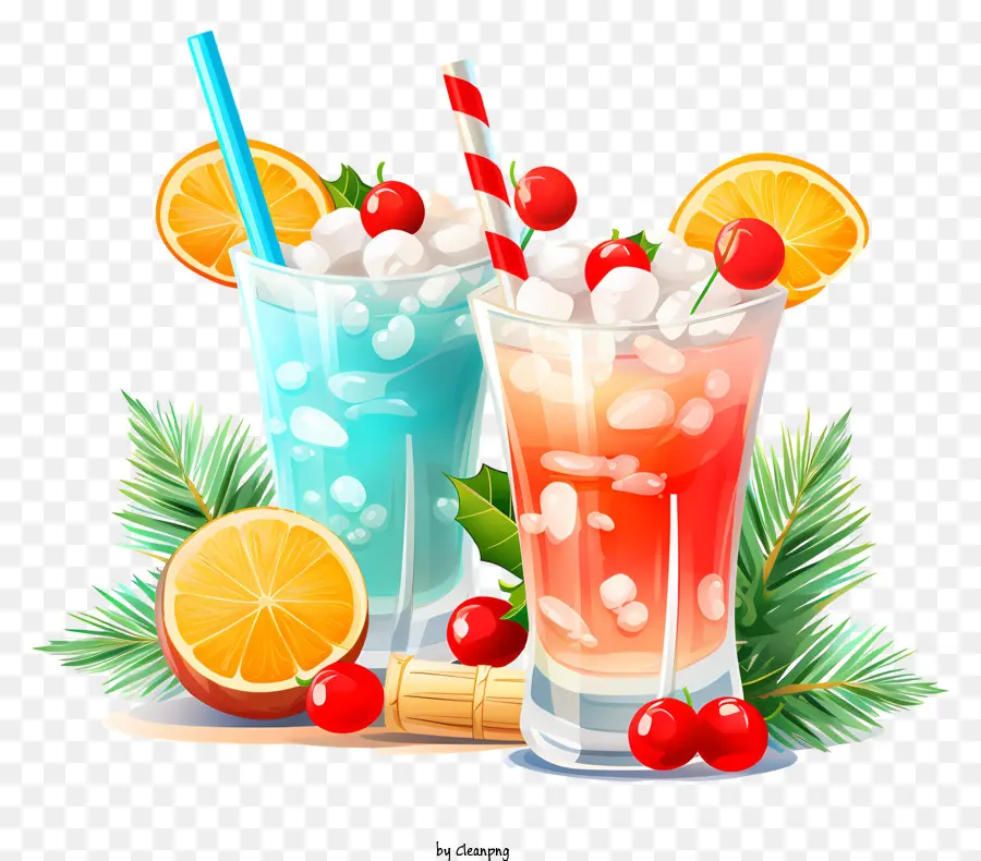 elementi di natale - Bicchieri colorati pieni di frutta con ghiaccio e arance