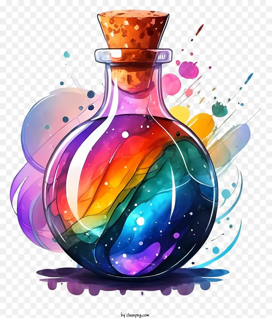 Cartoon Bunte Flasche Flüssigkeit Kork Stopper Schwarzer Hintergrund - Farbenfrohe flüssige Flasche mit Kork, symbolisiert Fantasie und Kunst