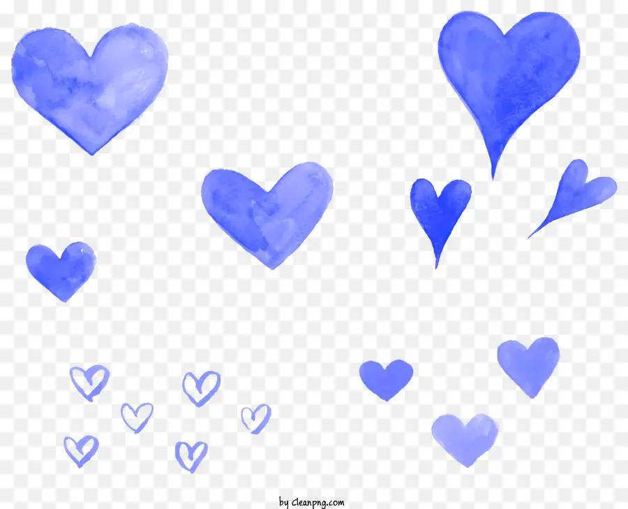 Cartoon Blue Hearts Aquarell Effekt kreisförmiger Anordnung schwarzer Hintergrund - Gruppe von blauen Herzen mit Aquarelleffekt