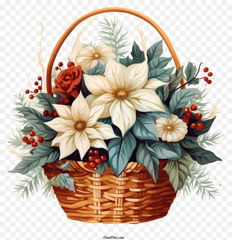 Illustrazione vettoriale piatta minimalizzata Christmas Basket Flower Drawn Disegna Beste di vimini e bianchi fiori rossi e bianchi - Cestino di vimini disegnati a mano con fiori rossi e bianchi su sfondo nero