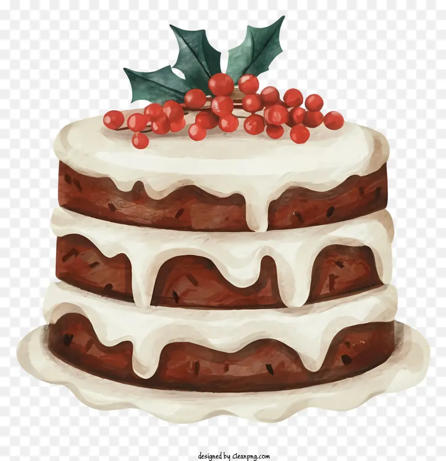 Cartoon Drei Schicht Schokoladenkuchen Schlagsahne Zuckerguss Rote Holly Beeren - Dekorierter Schokoladenkuchen mit Schlagsahne und Beeren