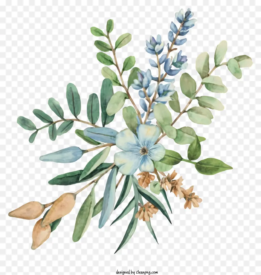 Blume cluster - Blumen und Blätter in Blau und Grün