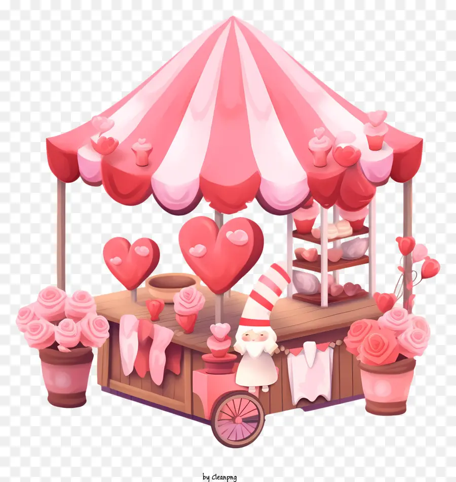 Isometrischer Stil Valentinstag Romantischer Stall rosa Zelt herzförmiges Zelt rosa Blumen - Pinkes herzförmiges Zelt mit Blumentöpfen und Cupcakes