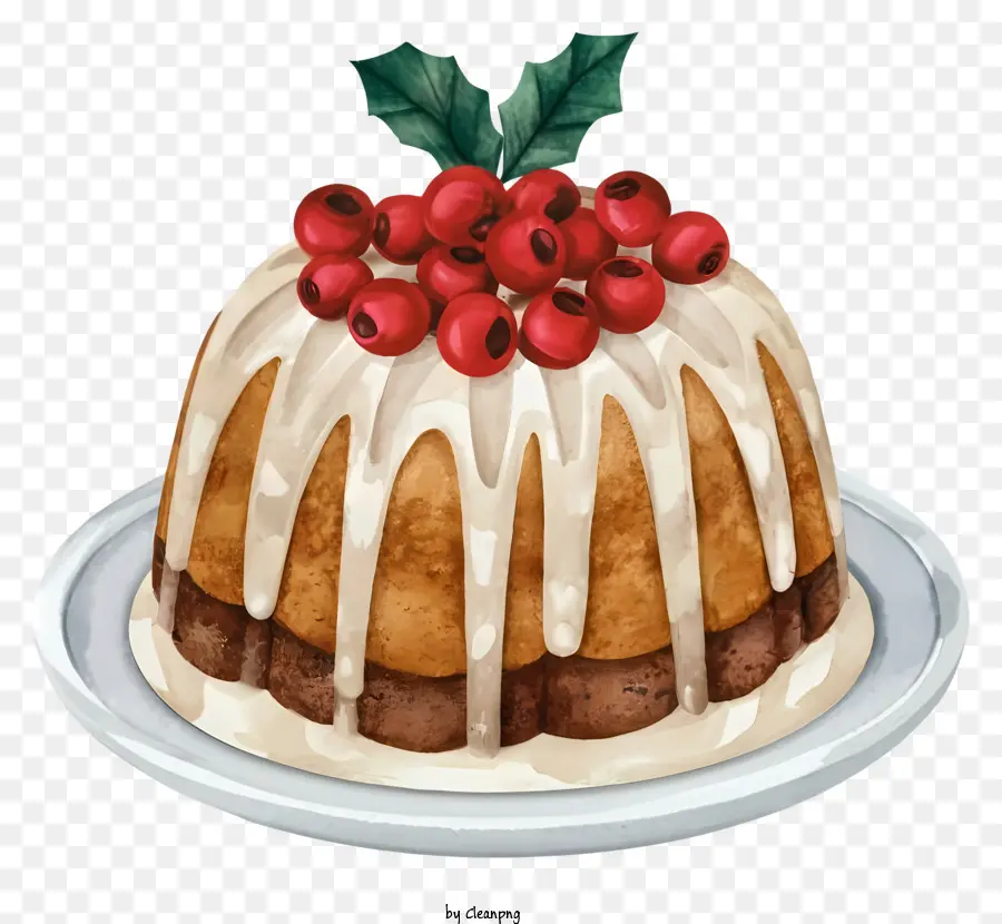 Phim hoạt hình Giáng sinh mận pudding đĩa trắng holly lá - Bánh pudding mận Giáng sinh với lá và quả
