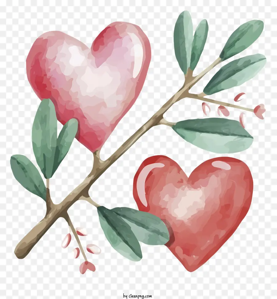 Cartoon Heart dipingendo i cuori rosa ramo con foglie rivolte a sinistra e a destra - Rami di cuore rosa con fiori sul nero