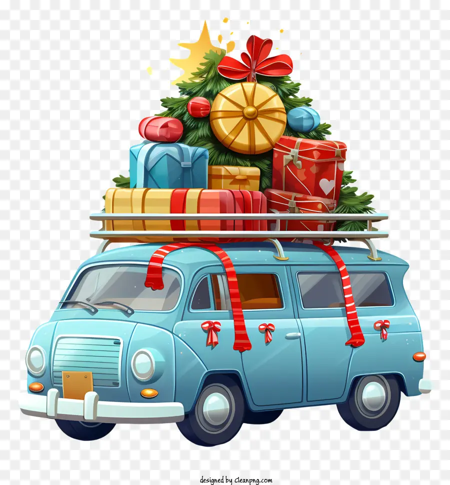 elementi di natale - Auto da cartone animato con regali e albero di Natale