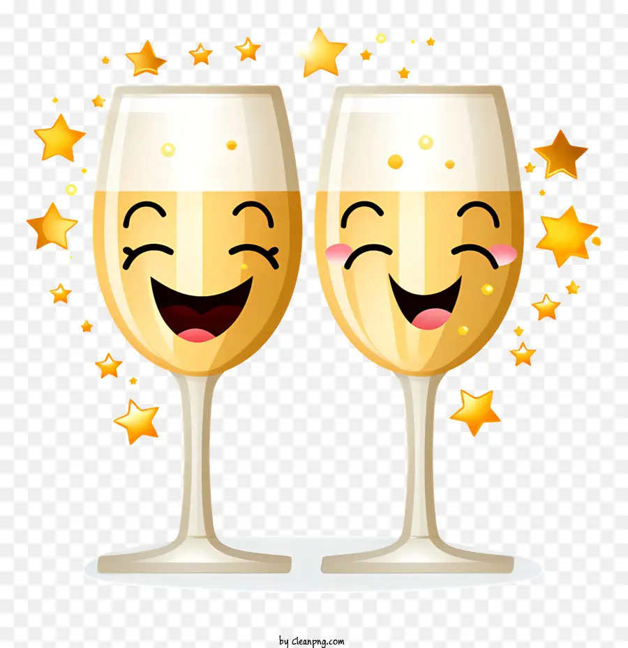 Neues Jahr - Lächelnde Weingläser mit Champagner mit Sternen hält Sterne