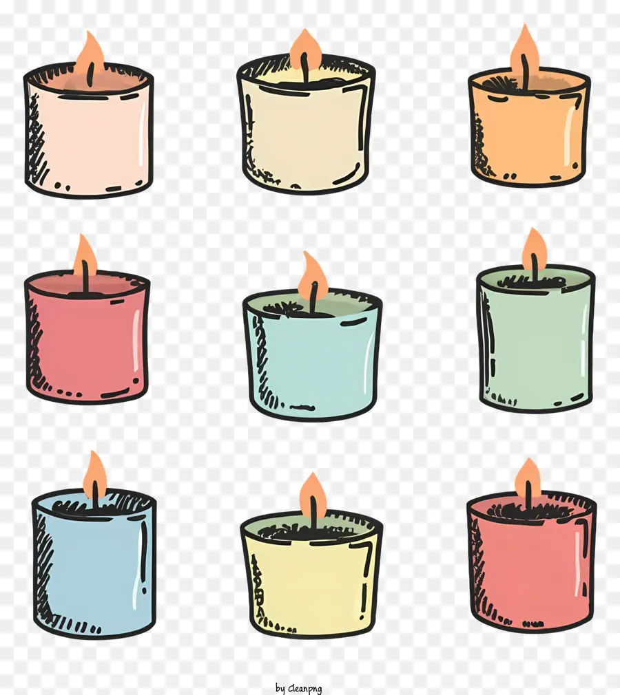 Candele colorate cartone animato Diversi tipi di candele di cera di fiamma Colori vivaci - Sei candele colorate con fiamme diverse visualizzate insieme