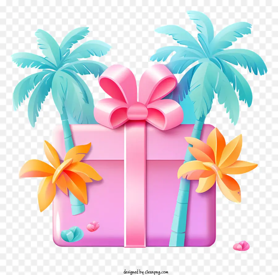 elementi di natale - Scatola regalo rosa con nastro, fiori, palme