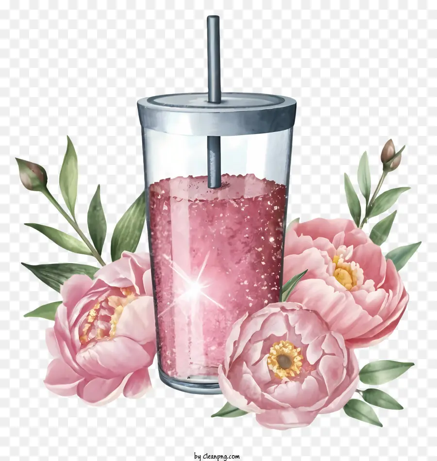 tazza di vetro cartone animato rosa e bianca con cotetti di sfondo nero con paglia - Immagine realistica della tazza di vetro piena di coriandoli