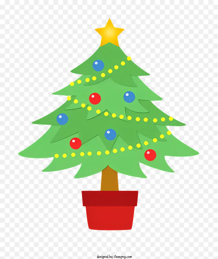 Cartoon mit glänzenden Baggletten zarte Glaskugeln - Buntes Weihnachtsbaum in einem Topf mit Ornamenten