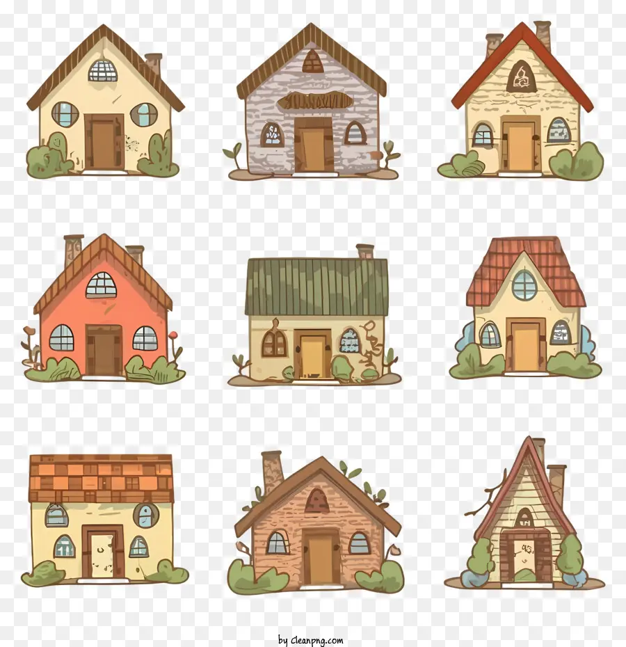 cartoon small houses different materials different colors wood houses