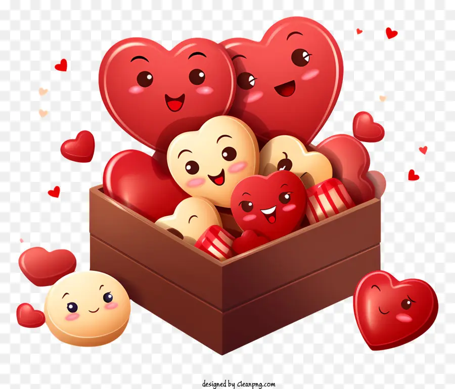Valentinstag - Happy lächelnde Herzen in Holzkiste mit Süßigkeiten