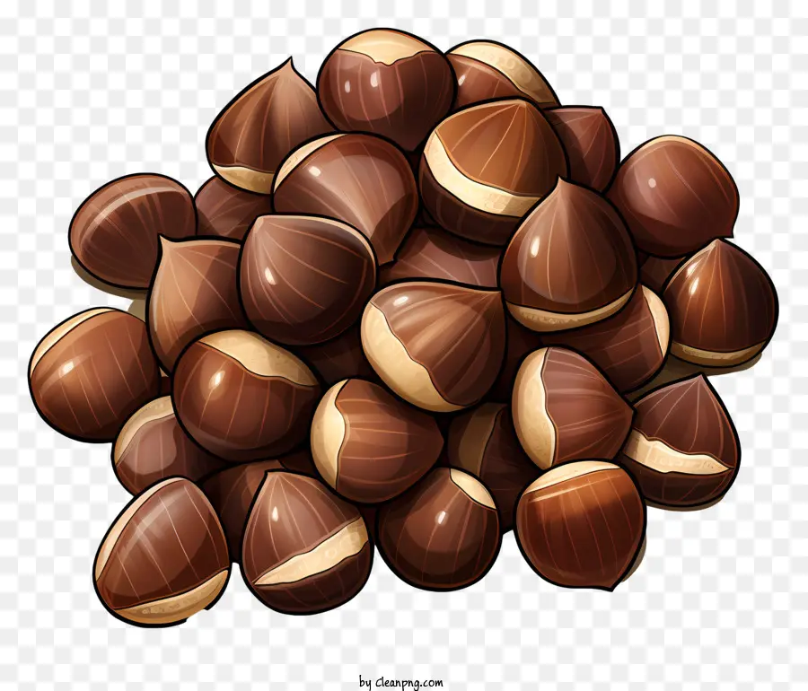 Schokoladenbedeckte alles Tag Kastanien Nüsse braune Muschel cremige Mitte - Haufen Kastanien, die auf schwarzen Hintergrund fallen