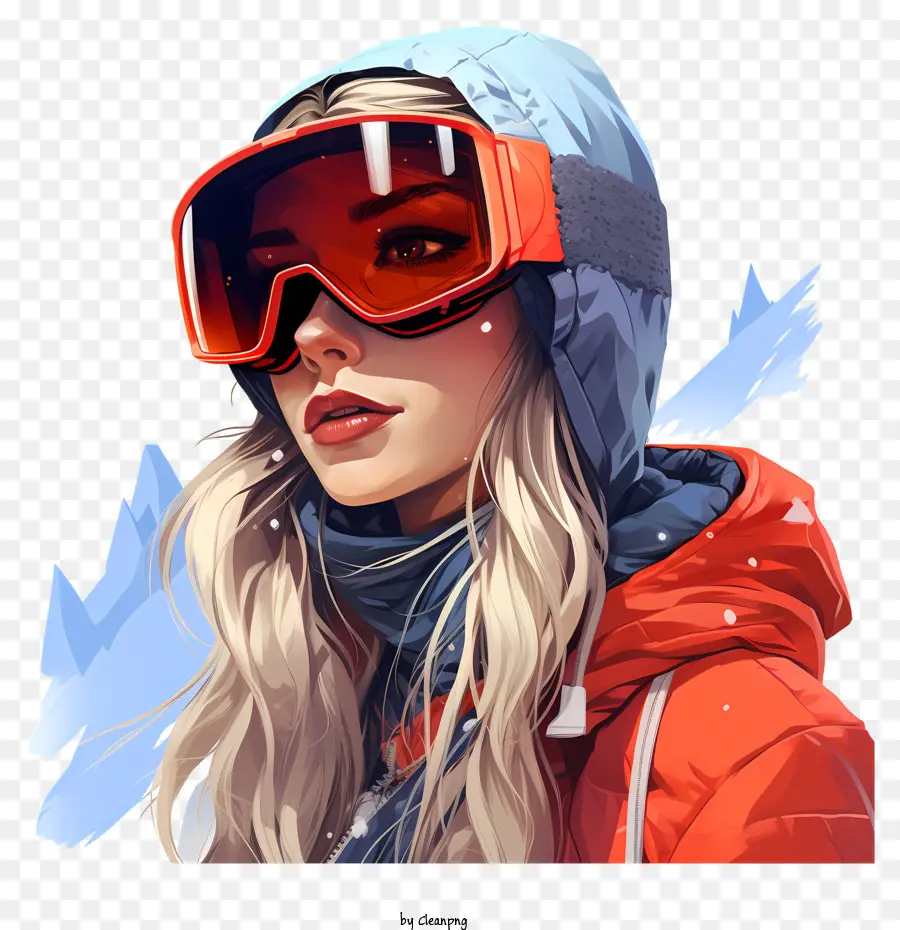 mùa đông cảnh - Hình ảnh năng động đầy màu sắc: Người trượt tuyết nữ trong mũ bảo hiểm xanh, áo trượt tuyết đỏ, phụ kiện màu đen, tóc vàng được tạo kiểu theo kiểu tóc đuôi ngựa, núi tuyết và cây trong nền
