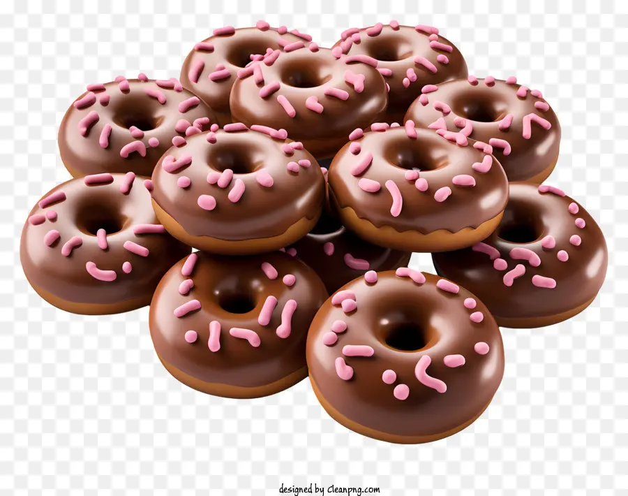 Schokoladenbedeckte alles Tag Donuts stapelte Schokoladenglasur rosa Streusel - Gruppe von Schokoladenschaltzonuts mit rosa Streusel