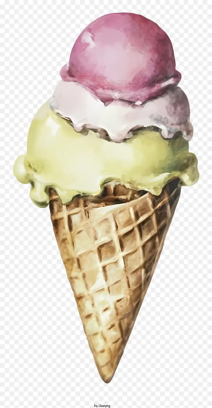 tranh vẽ tranh màu nước kem hình nón màu hồng icing màu xanh lá cây - Hình nón kem vẽ tay cổ điển với toppings