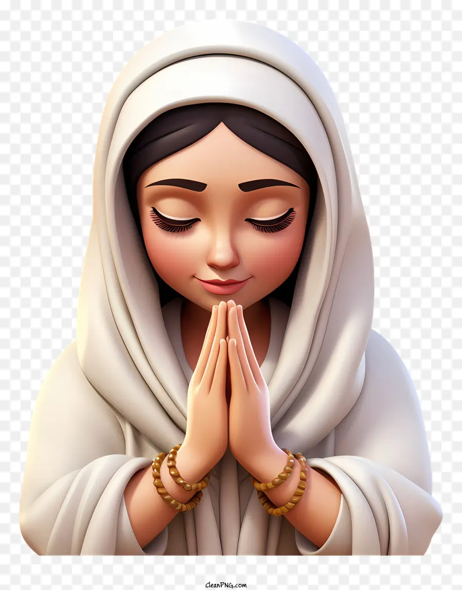 Asarah B'tevet Cartoon -Darstellung Frau in weißen Kleidung Hände gefaltet im Gebet Serene Ausdruck - Gelassene Frau in weißer Kleidung betet friedlich