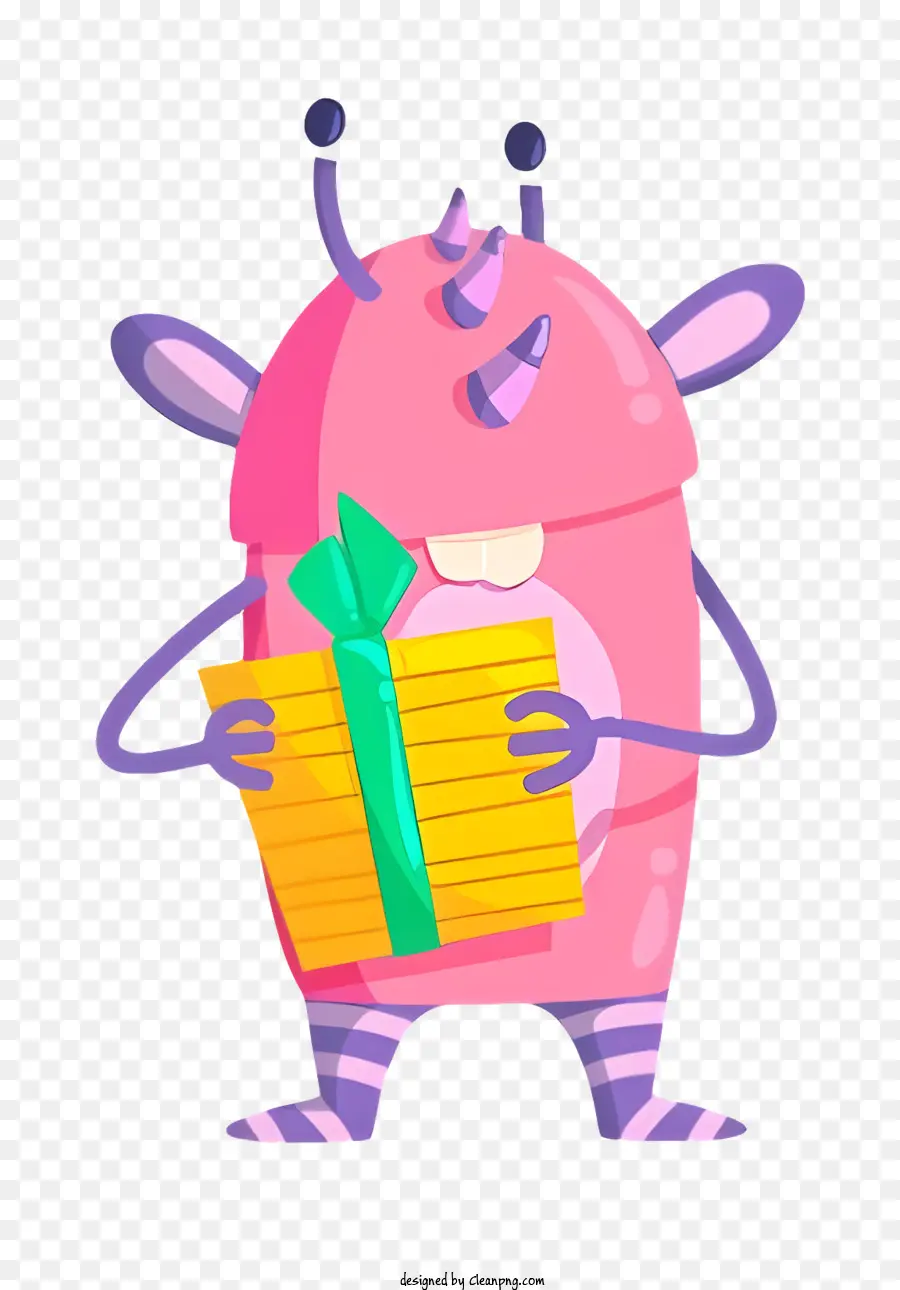 Birthday Cute Monster Monster Monster Monster con un mostro cartoon box da regalo - Monster carino, sorridente, rosa tiene una scatola regalo