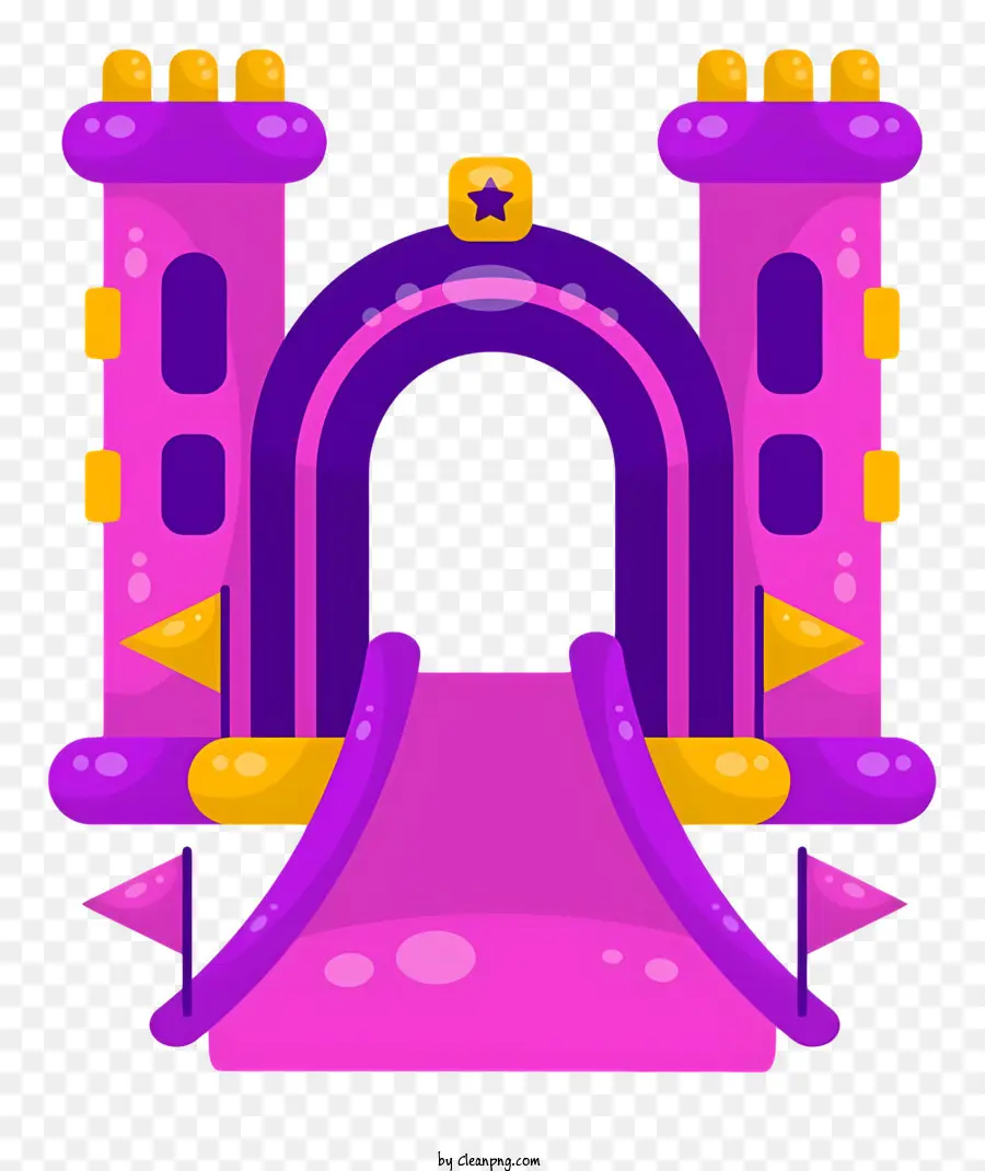 bounce house pink castle purple roof yellow flag large windows