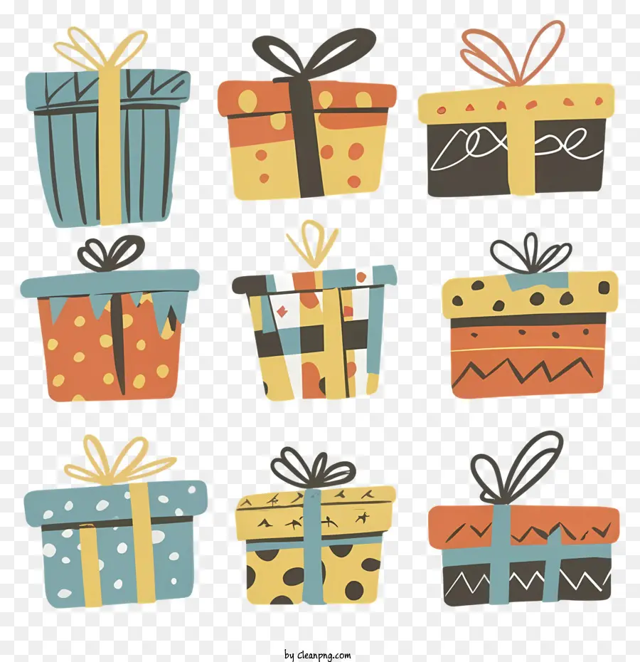 Cartoon Geschenkboxen Bänder Muster Farben (blau - Bunte Geschenkboxen in einer Pyramide gestapelt