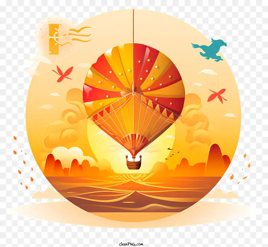 Heißluftballon - Heißluftballon fliegt mit Vögeln über Sonnenuntergang
