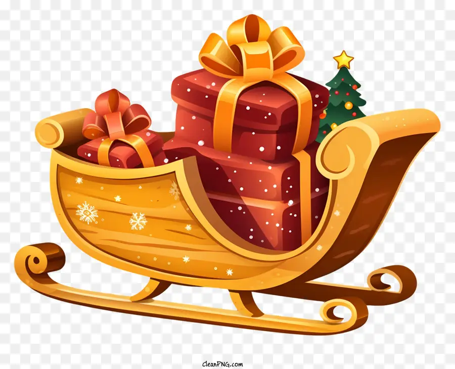 regali di natale - Scena gioiosa con slitta, regali e albero di Natale