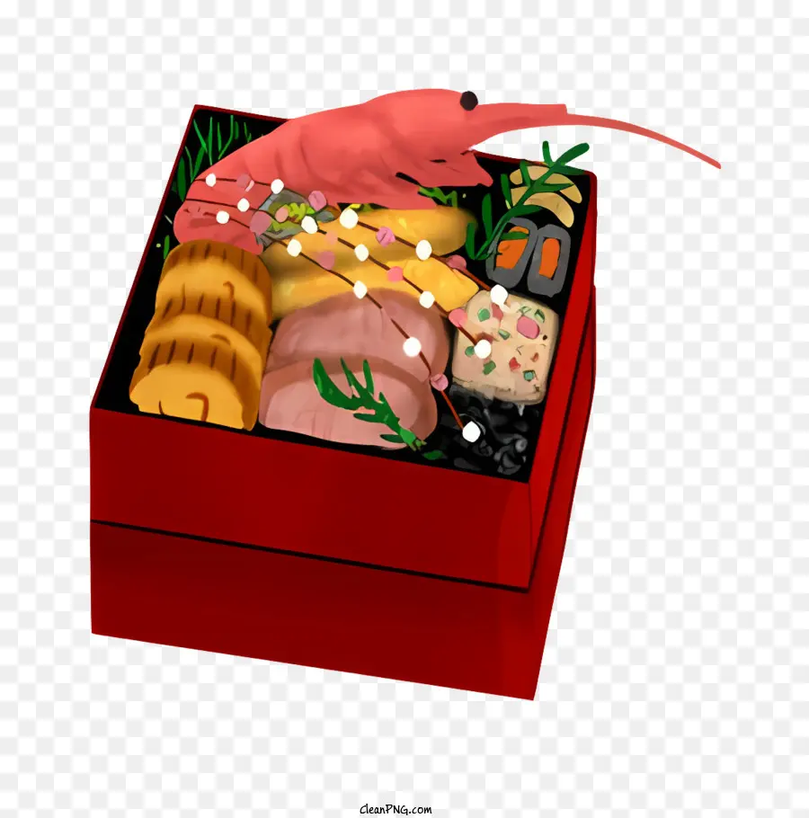 Cartoon Food Box Meeresfrüchte Garnelen Hummer - Realistisches Foto der roten Box, die Meeresfrüchte haltend