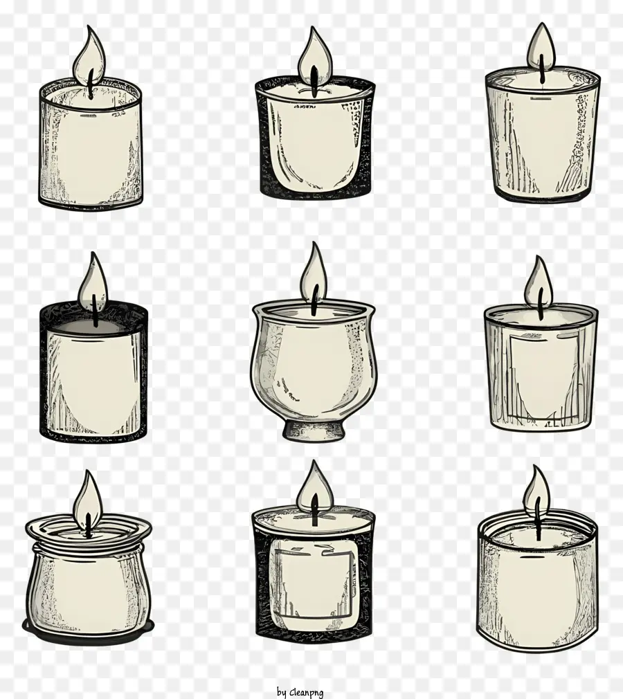 Cartoon Schwarz -Weiß -Kerzen brennen Kerzenlöschte Kerzen Kerzenformen - Set von sechs Kerzen, eine Brennen, Schwarz und Weiß, vielseitig für verschiedene Anwendungen