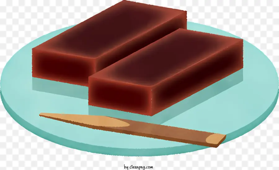 Schokolade - Bild von rotem Schokoladenblock, Messer, blauer Teller. 
Sauberes und glänzendes Aussehen