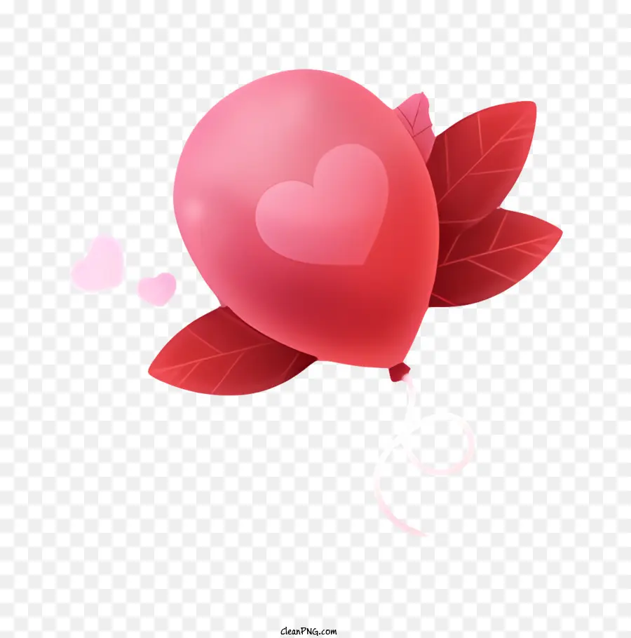Roter Ballon - Rotherzförmiger Ballon mit Blatt, umgeben von Herzen umgeben
