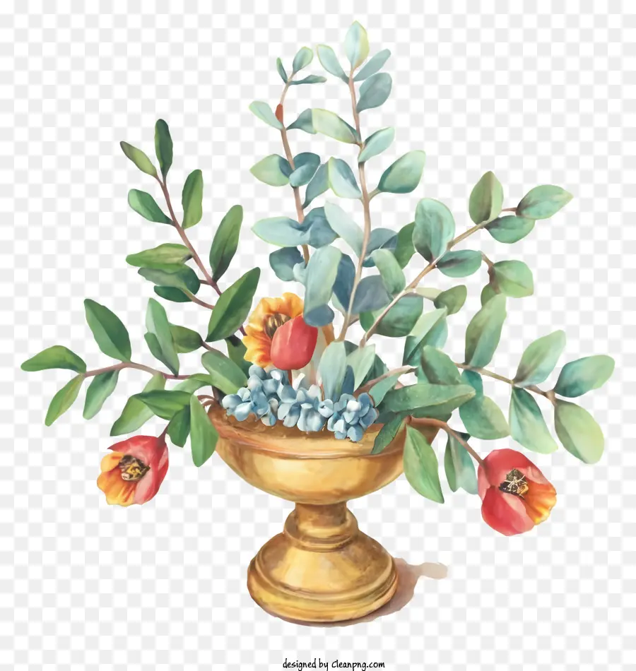 Cartoonmalerei Vase Bouquet Rosen - Goldvase hält lebendige Rosen und Pfingstrosen