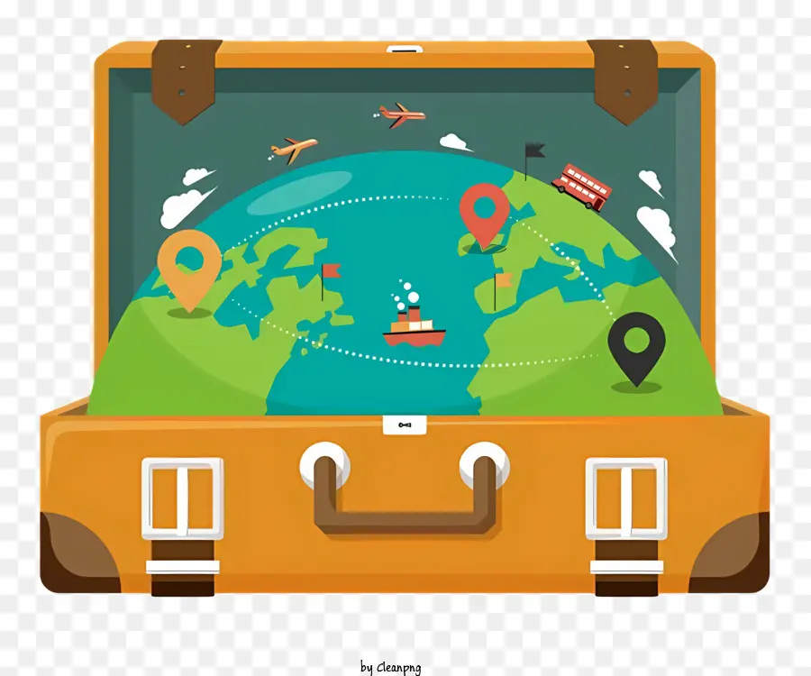 vali du lịch - Hình ảnh: Vali màu nâu với bản đồ thế giới, các vật dụng du lịch