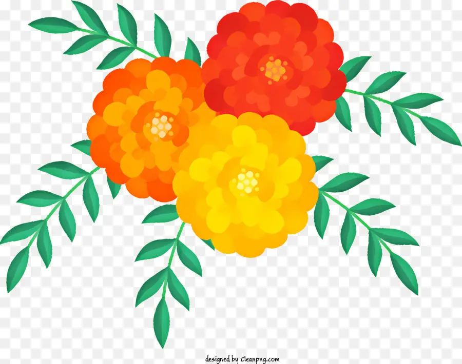Cartoon Orange Blumen gelbe Blumen schwarze Hintergrund grüne Blätter - Drei orange und gelbe Blüten mit grünen Blättern