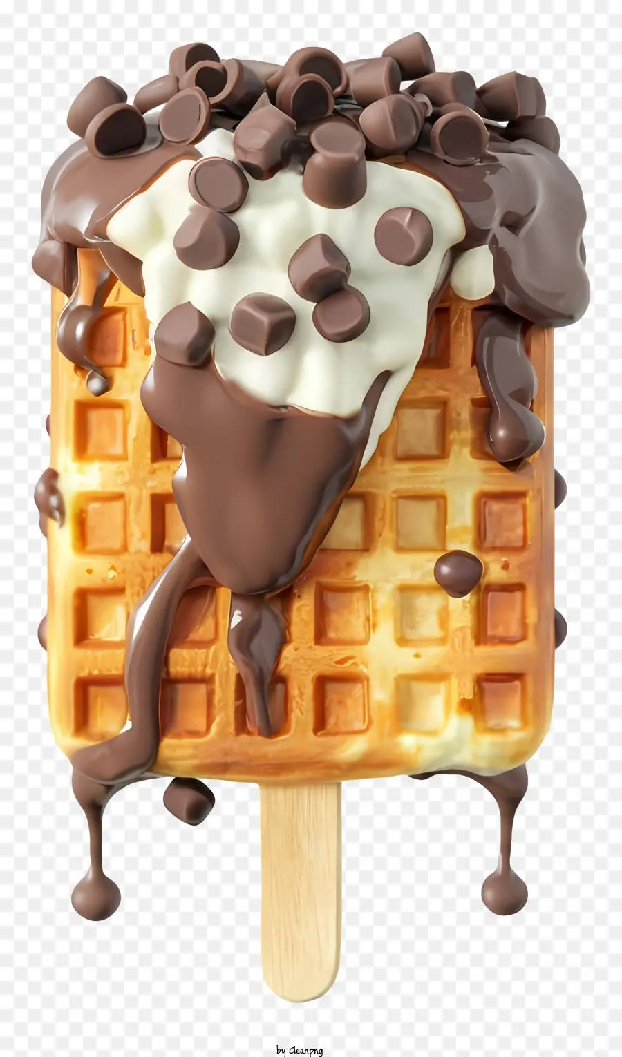 fumetto waffle cioccolato goccia cioccolato al cioccolato bianco sciroppo di cioccolato - Immagine ravvicinata del waffle con gocce di cioccolato sul bastone