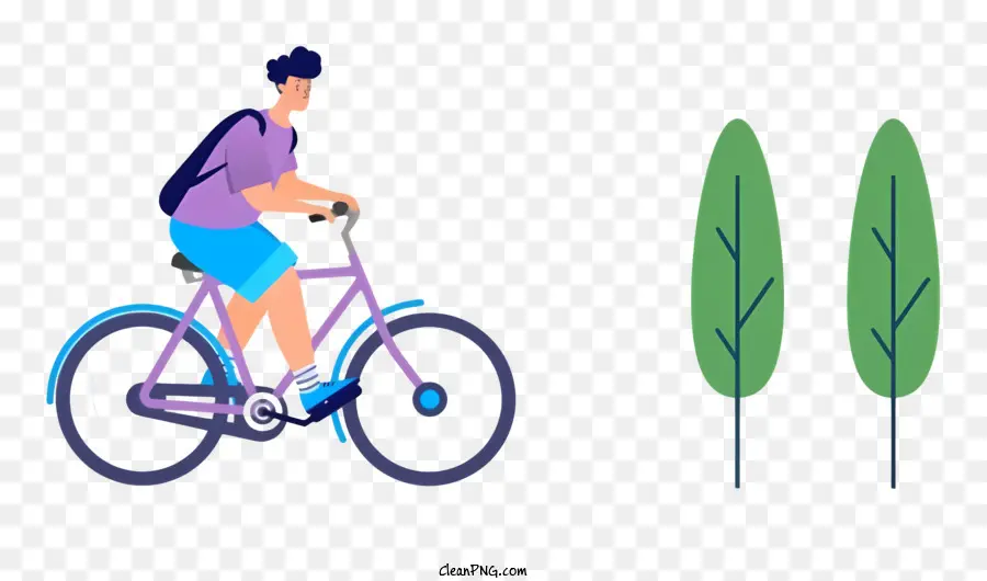 Reisefahrrad -Rucksack blaues Hemd Purpurshorts - Person Radfahren mit Rucksack passt Baum auf schwarzem Hintergrund vorbei