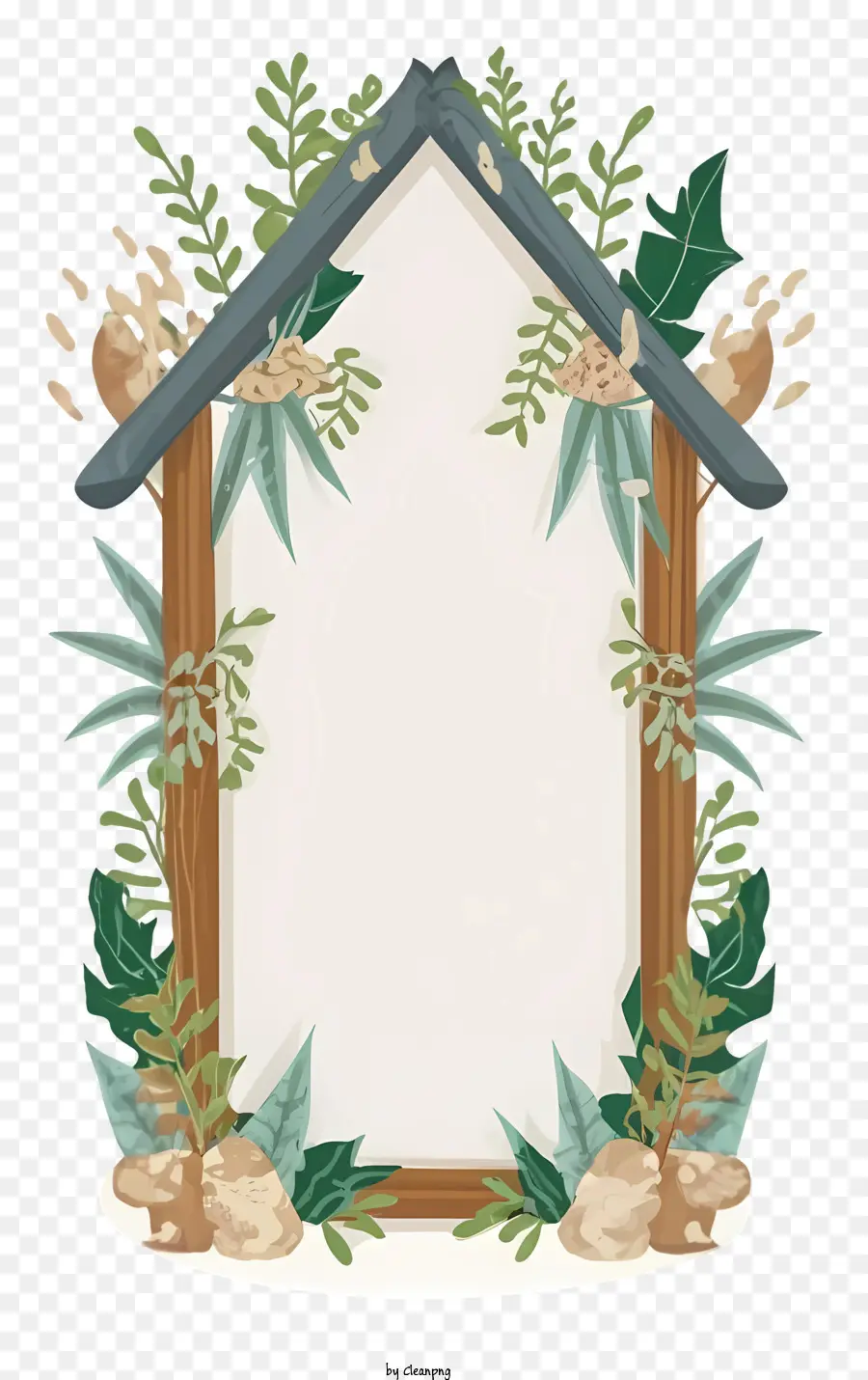cartone animato illustrazione di fumetti piante in legno e tetto di paglia di viti - Casa in legno dei cartoni animati con piante e porta aperta