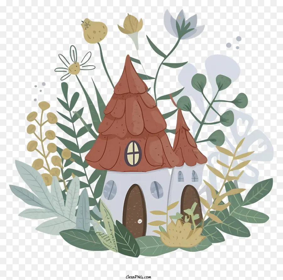 Cartoon Cartoon House kleine Hauswaldpflanzen - Buntes Cartoonhaus im Wald, umgeben von Pflanzen