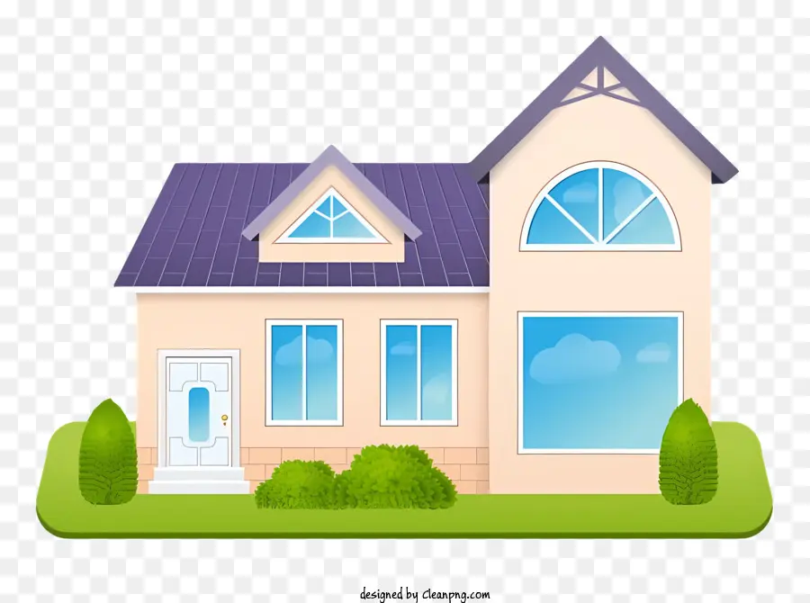 Casa House White and Beige Color Blue Roof Green Lawn - Casa bianca e beige con tetto blu, prato verde, finestre incorniciate nere, porta del garage, ingresso anteriore bianco, piccolo balcone blu, circondato da alberi e fiori