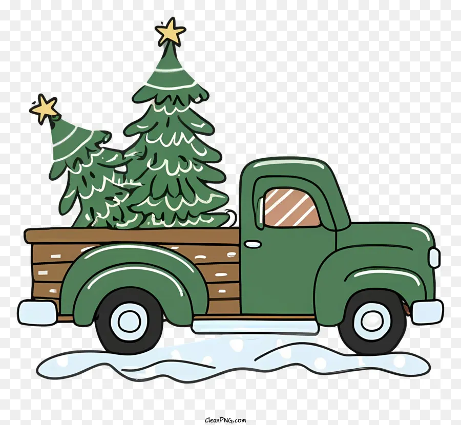 Weihnachtsbaum - Green Truck mit Weihnachtsbaum in einer schneebedeckten Landschaft