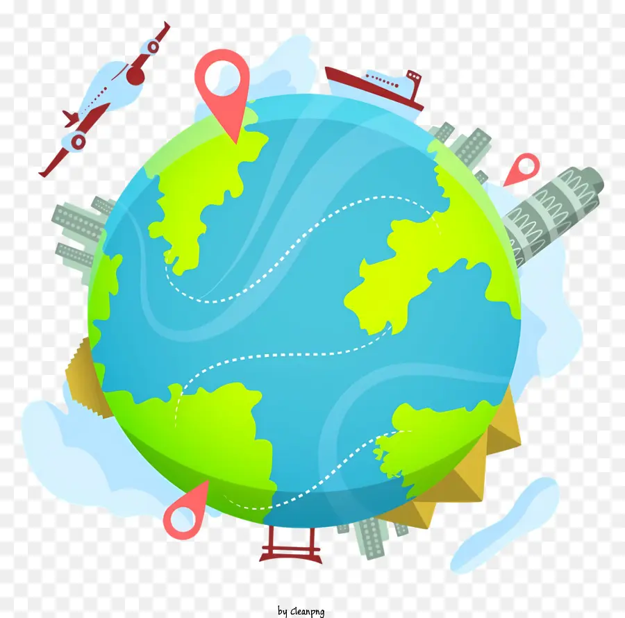 Reisen Landmarken Globe Pinpoint Marker Wolkenkratzer - Globus mit Sehenswürdigkeiten, Gebäuden, Flugzeug, Karten, Städten