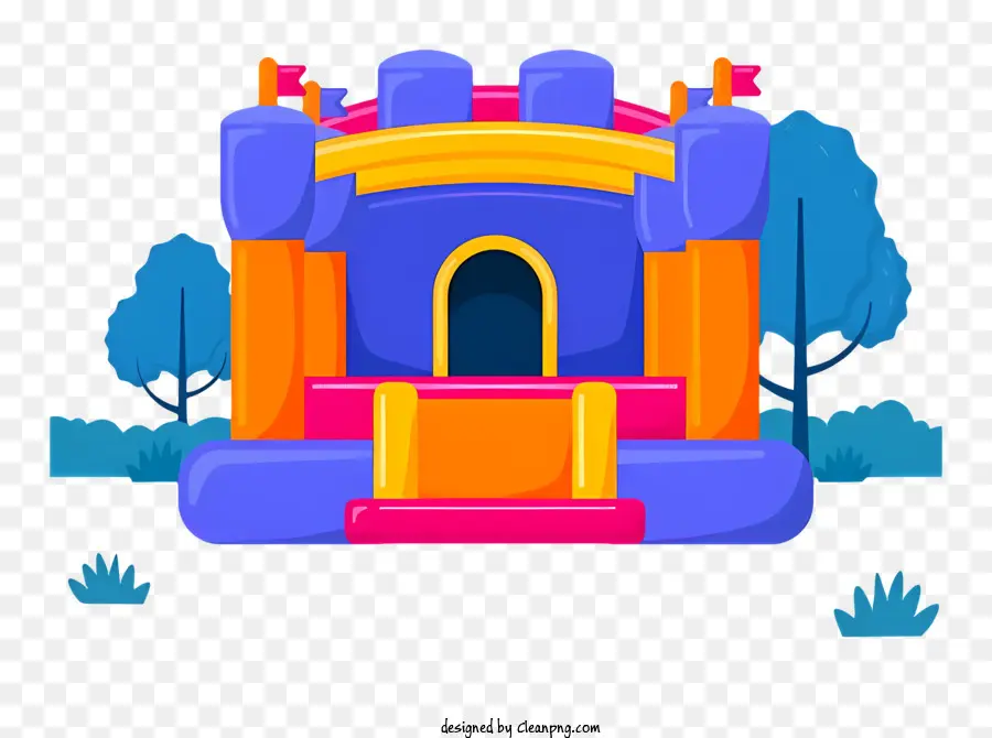 bounce house bouncy castle pink and blue roof trees grass