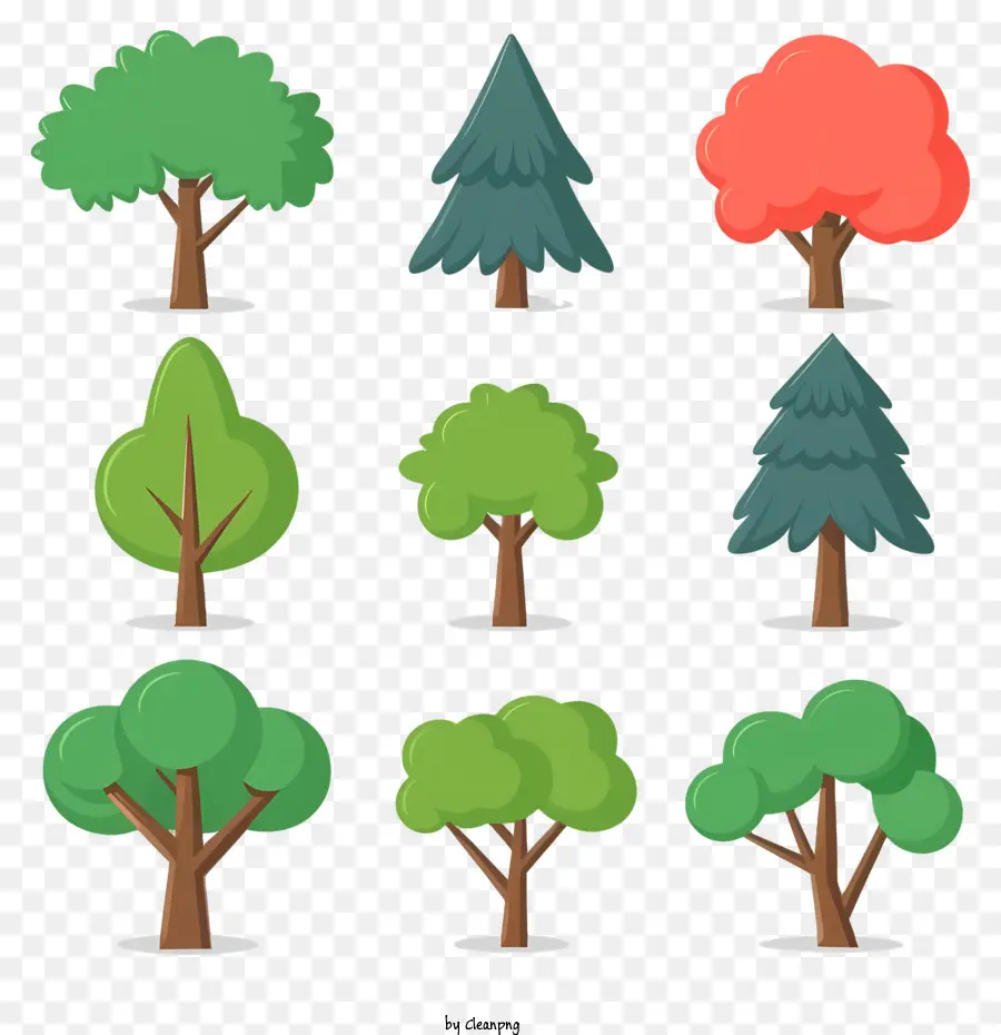 Cartoonbäume Laubfarben grüne Blätter - Verschiedene Bäume mit verschiedenen Farben und Laub