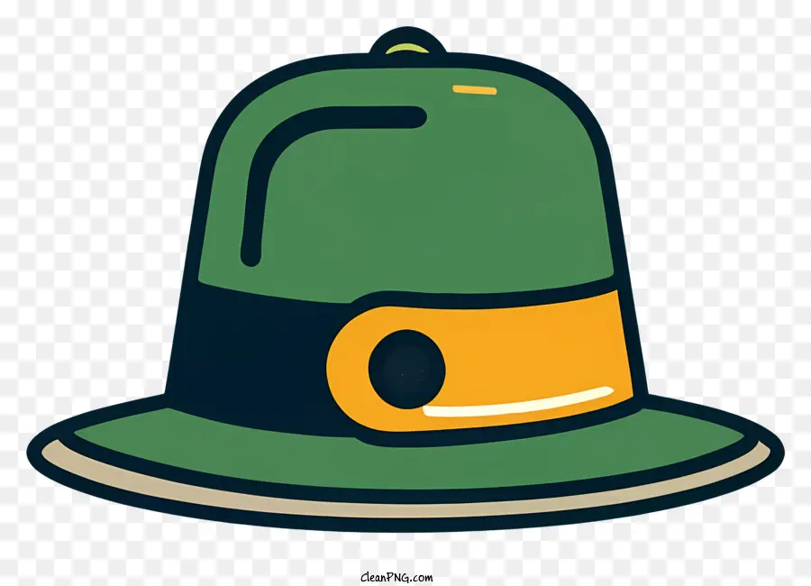 Cartoongrün und goldener Hut glockenförmiger Hut Ringed Hut genähte Nahthut - Grün und goldener Hut mit Glockenform, Ringen, Naht, gelbes Band und spitzem Rand