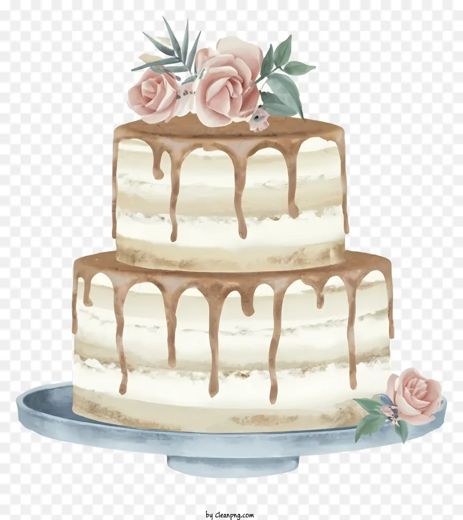 Cake bianca cartone animato glassazione rose di sciroppo marrone - Una torta bianca accattivante con rose e sciroppo