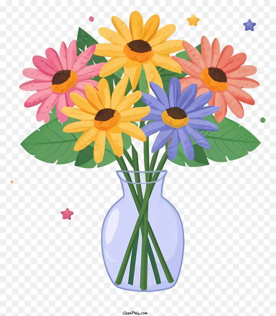 Vase di fumetti di fiori Vasi di vetro trasparente Fiori colorati margherite - Vaso realistico con fiori colorati su sfondo nero